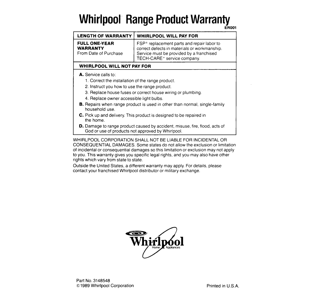 Whirlpool RF396PXV manual Whirlpool7RangeProductWarranty 