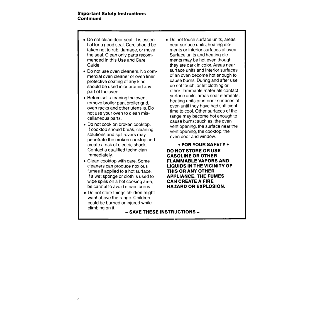 Whirlpool RF396PXV manual Important Safety Instructions Continued 