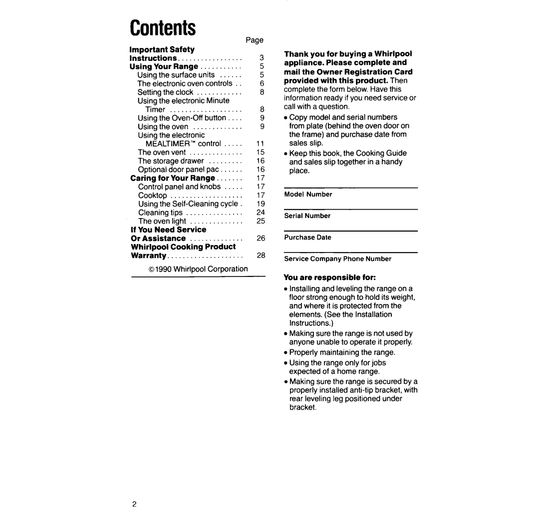 Whirlpool RF396PXX, RF396PCX manual Contents 