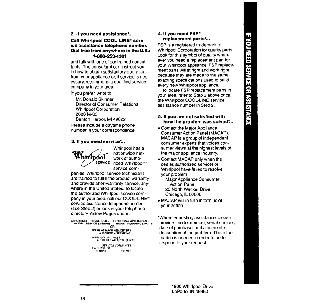 Whirlpool RF396PCX, RF396PXX manual If you prefer, write to Mr. Donald Skinner, 2000 M-63 Senton Harbor, MI 