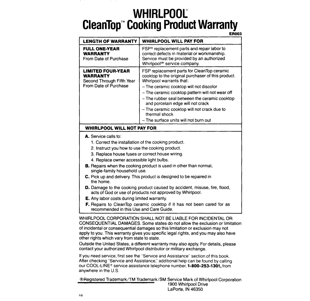 Whirlpool RF396PXX, RF396PCX manual CleanTop’CookingProductWarranty, Parts, Correct, From Date of Purchase, Company 