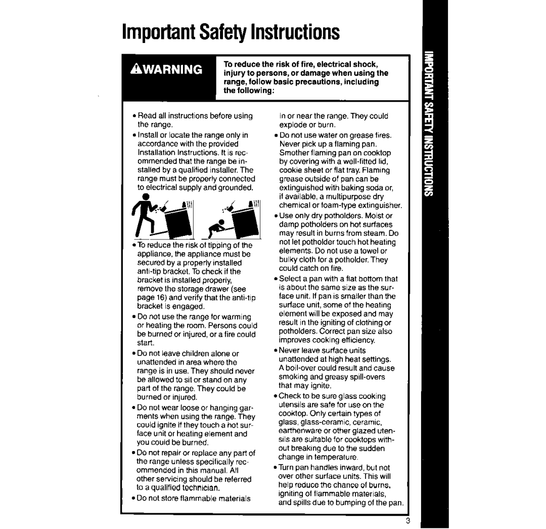 Whirlpool RF396PCX, RF396PXX manual ImportantSafetyInstructions, Read all instructions before using the range 