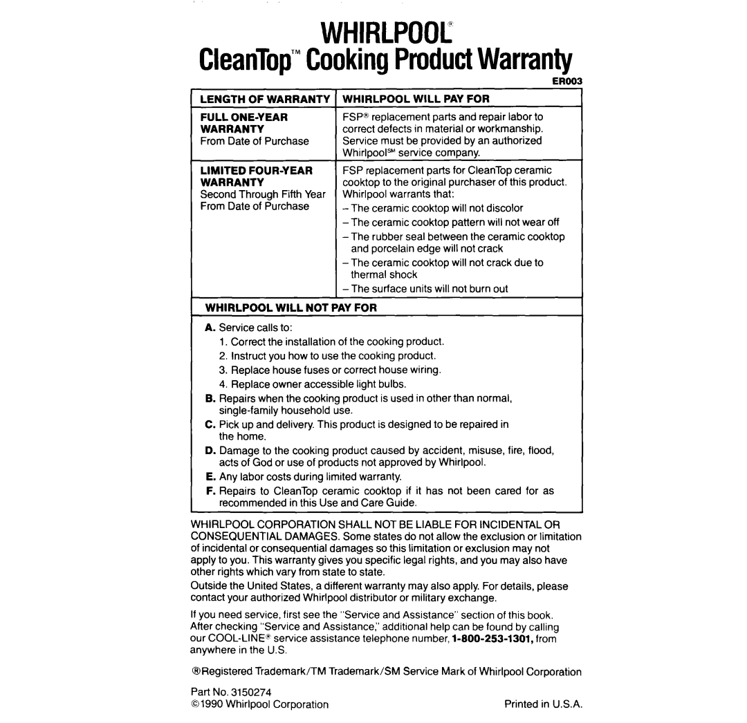 Whirlpool RF396PXX, RF396PCX manual WHIRLPOOL CleanTop’”CookingProductWarranty 
