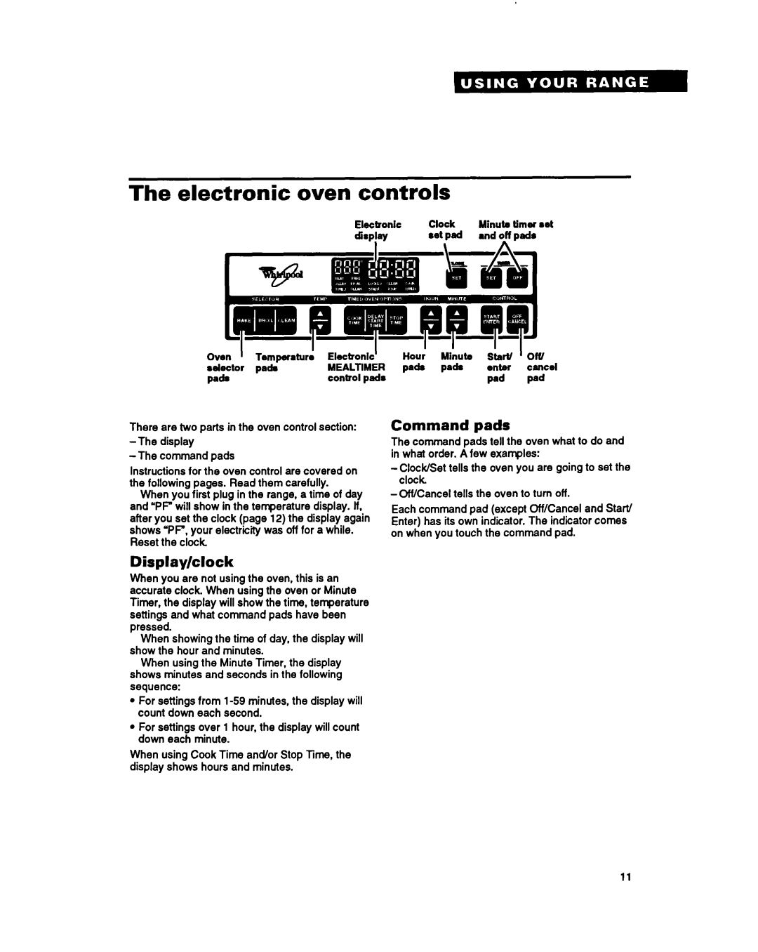 Whirlpool RF396PCY, RF396PXY manual Electronic oven controls, Command pads, Display/clock 