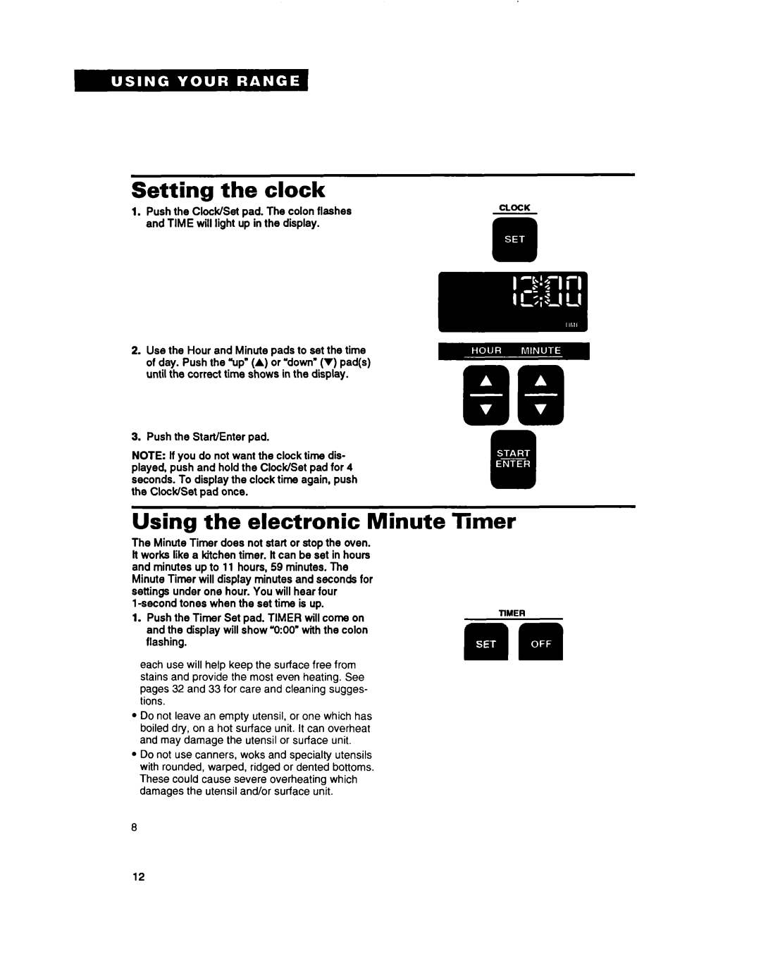 Whirlpool RF396PXY, RF396PCY manual Setting the clock, Using the electronic Minute Timer, Push the Start/Enter pad 