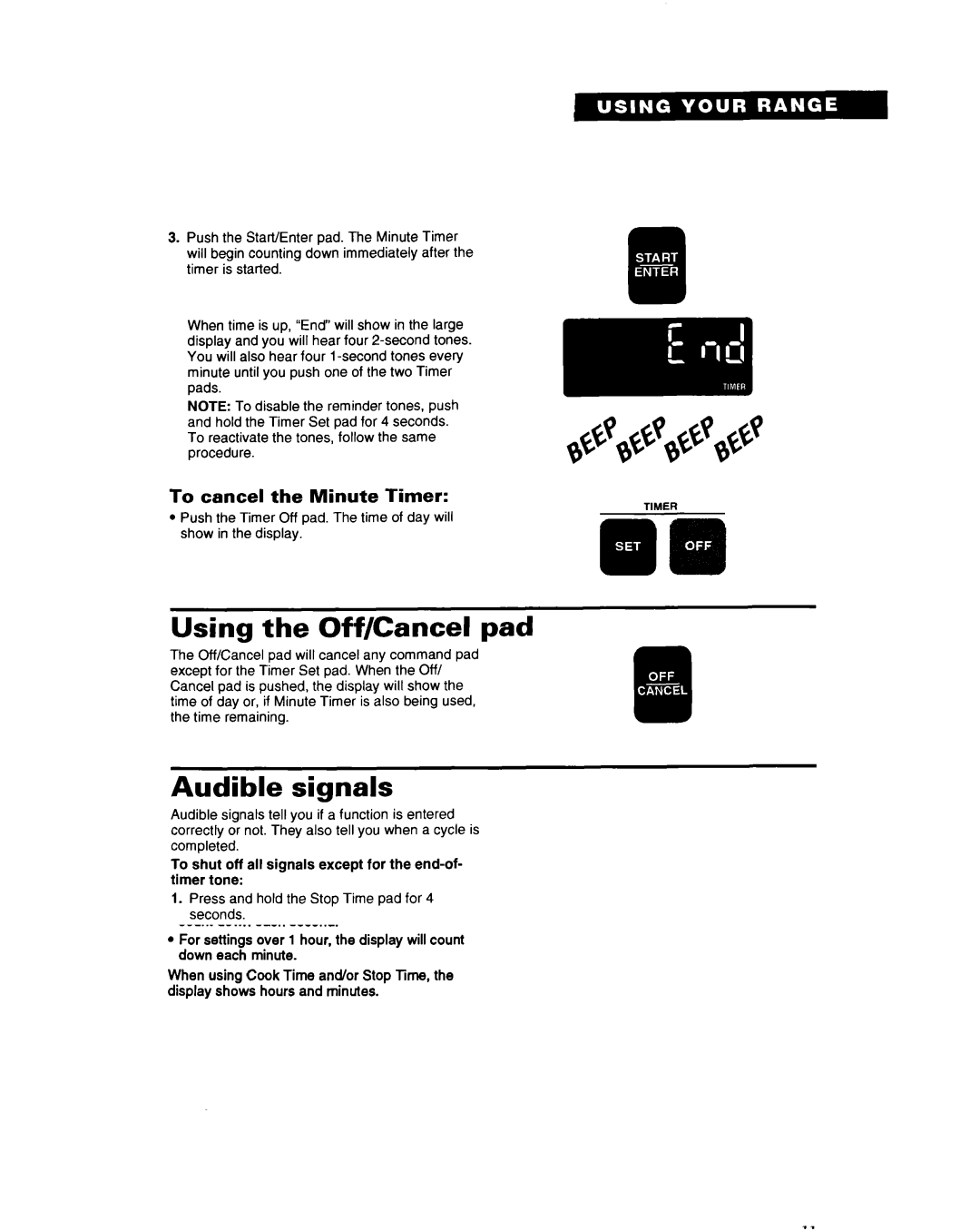 Whirlpool RF396PCY, RF396PXY manual Using the Off/Cancel pad, Audible signals, To cancel the Minute Timer 