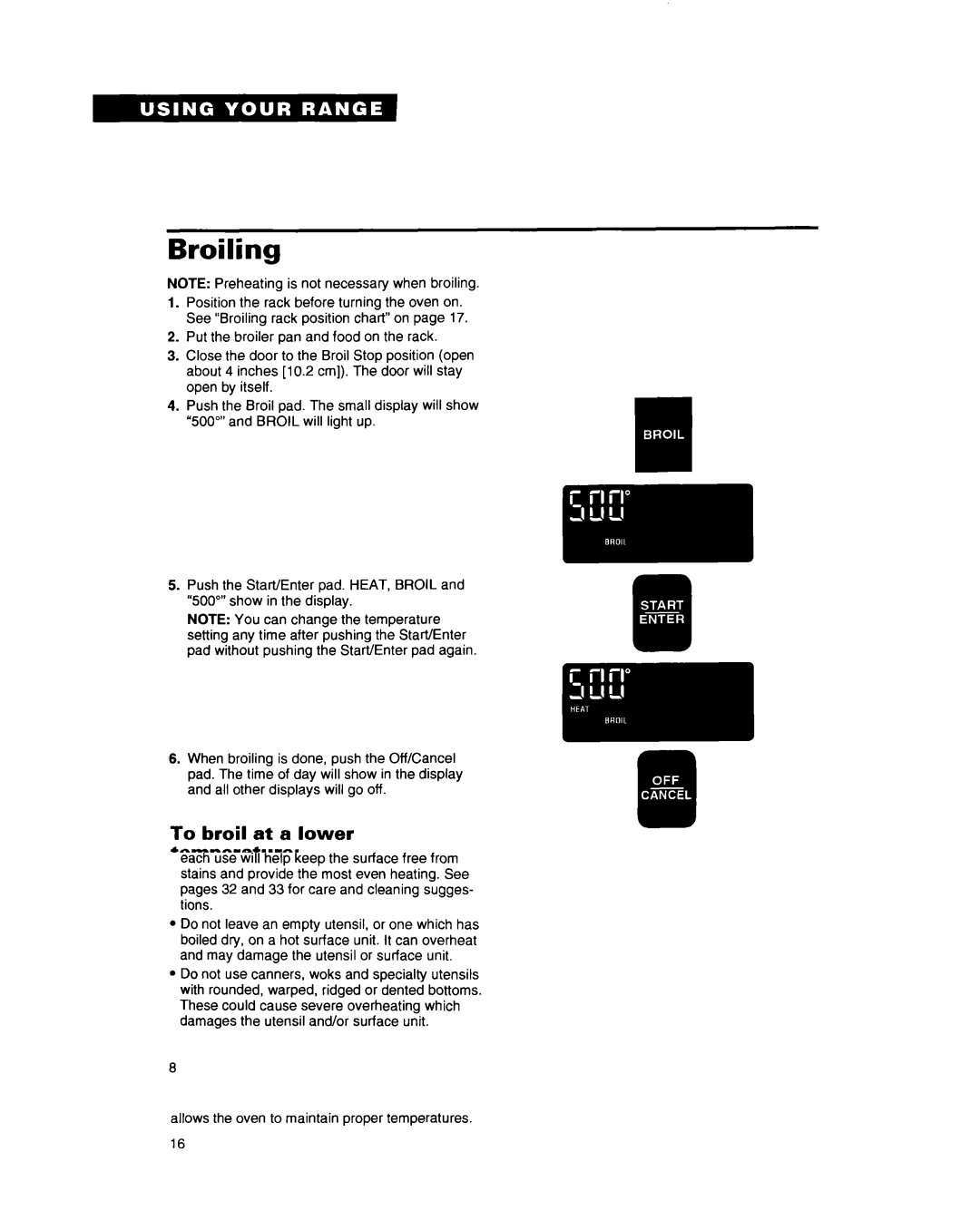 Whirlpool RF396PXY, RF396PCY manual Broiling, To broil at a lower temperature 