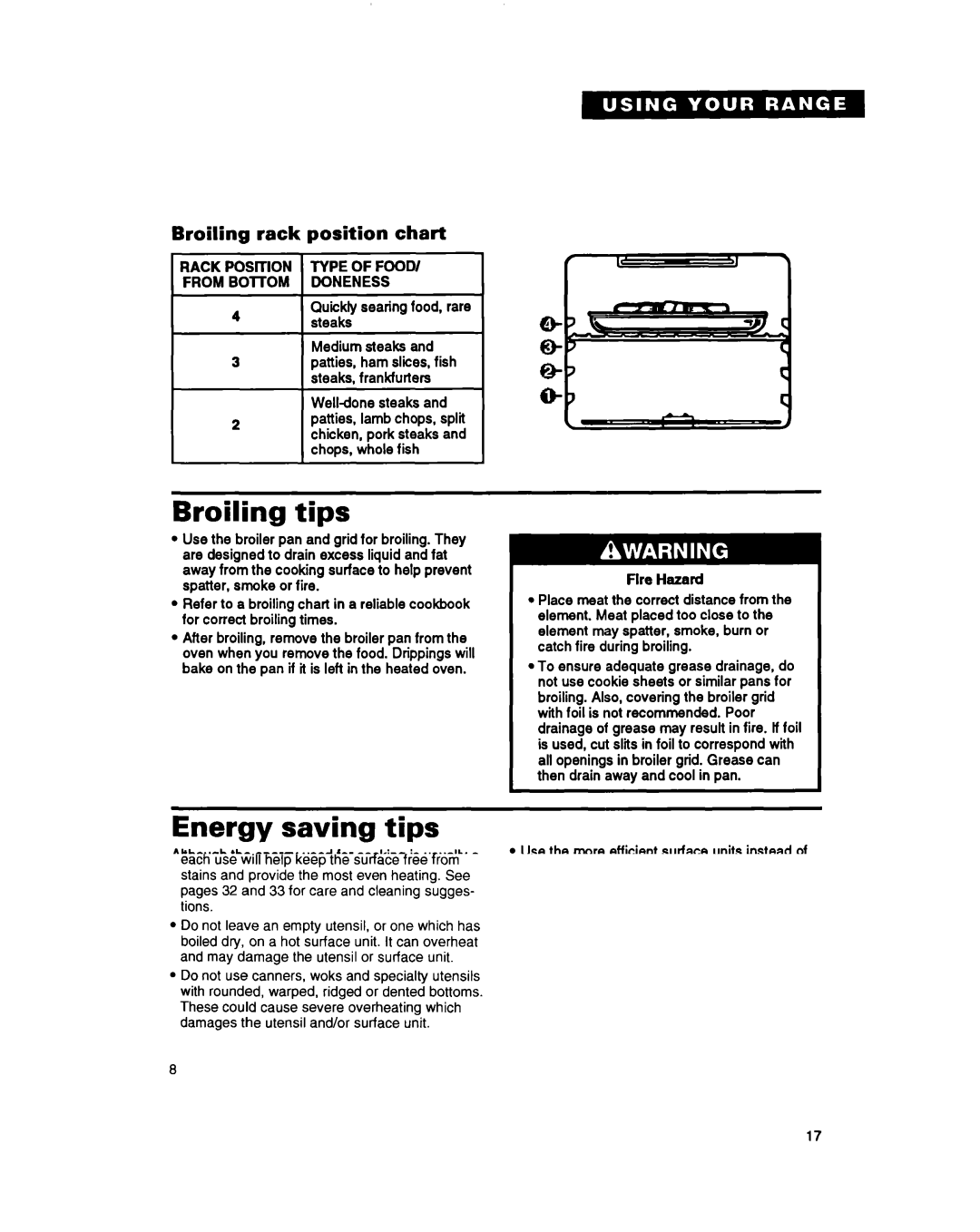 Whirlpool RF396PCY, RF396PXY manual Broiling tips, Energy saving tips, Broiling rack position chart 