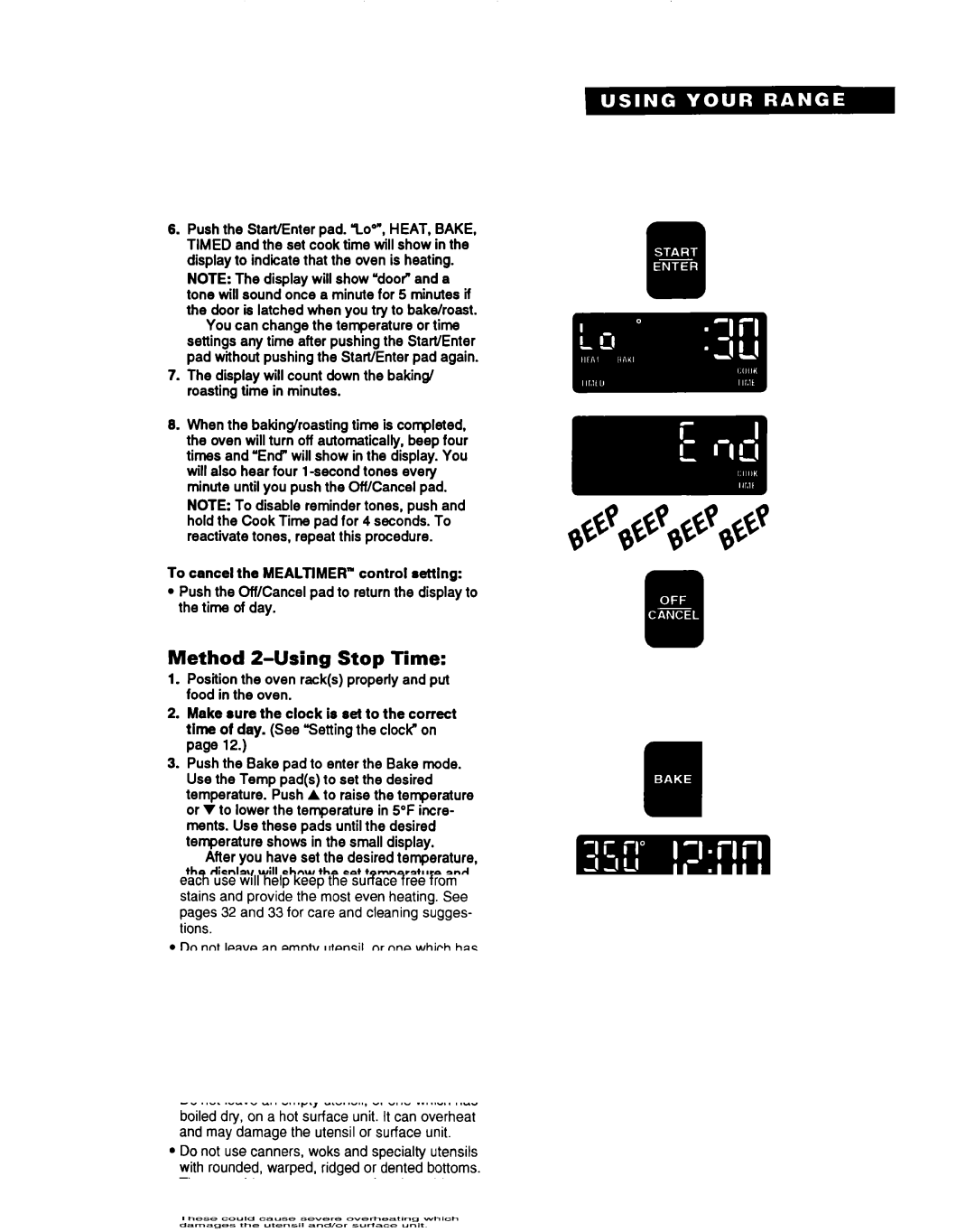 Whirlpool RF396PCY, RF396PXY manual Method Z-Using Stop Time, Display will count down the baking/ roasting time in minutes 