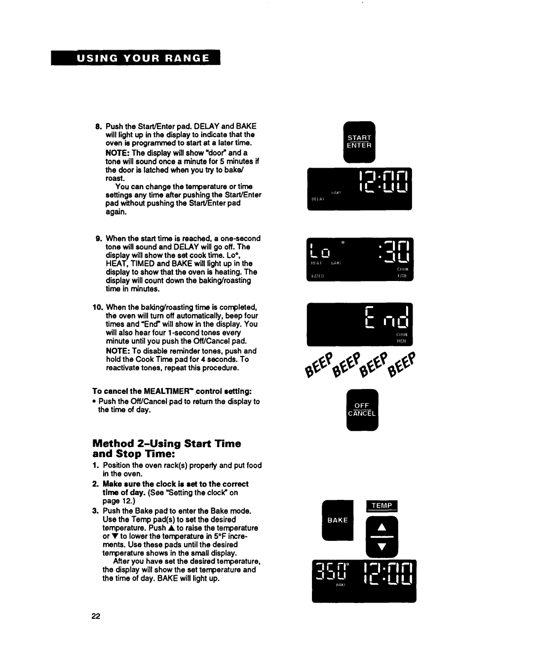 Whirlpool RF396PXY, RF396PCY manual Method 2-Using Start Time and Stop Time 