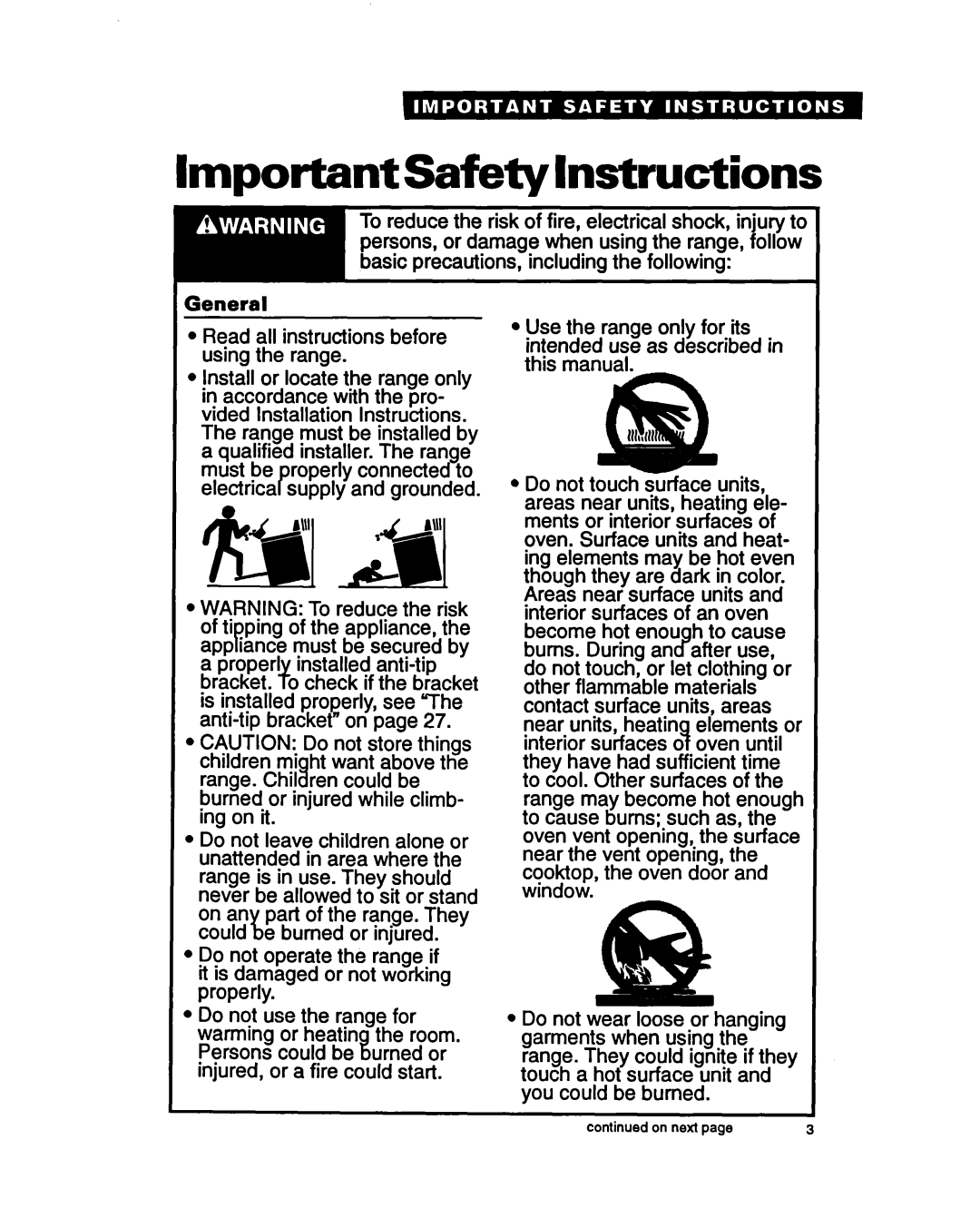 Whirlpool RF396PCY, RF396PXY manual Important Safety Instructions, On next 