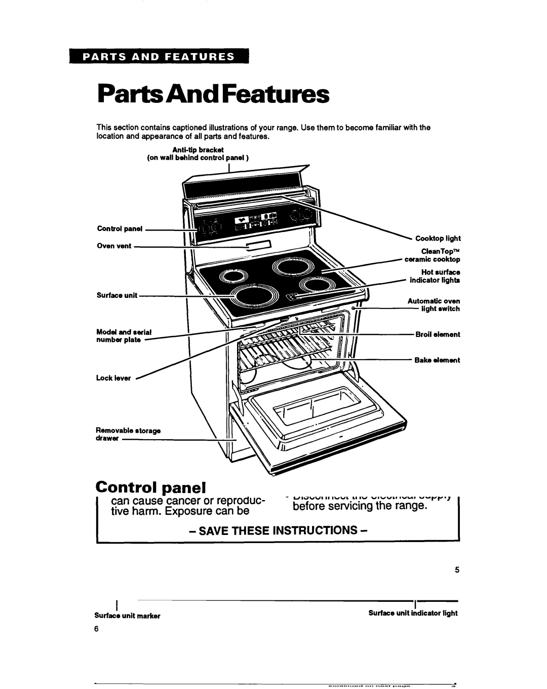 Whirlpool RF396PXY, RF396PCY manual PartsAnd Features, Control Panel Left LaR 