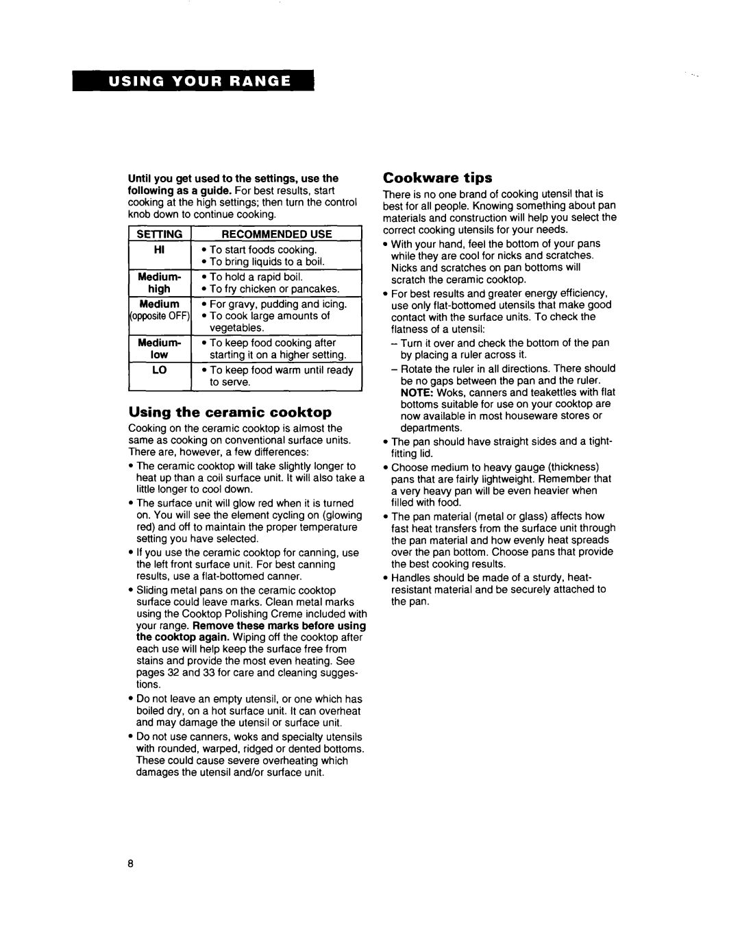 Whirlpool RF396PXY, RF396PCY manual Using the ceramic cooktop, Cookware tips 