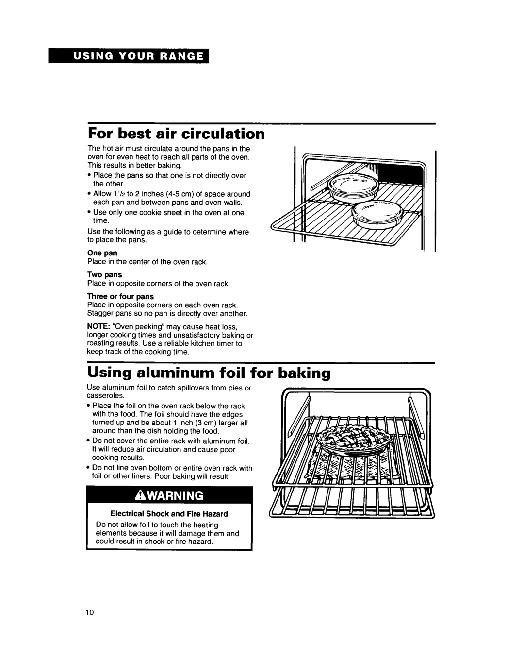 Whirlpool RF396PXY manual For best air circulation, Using aluminum foil for baking, One pan, Two pans, Three or four pans 