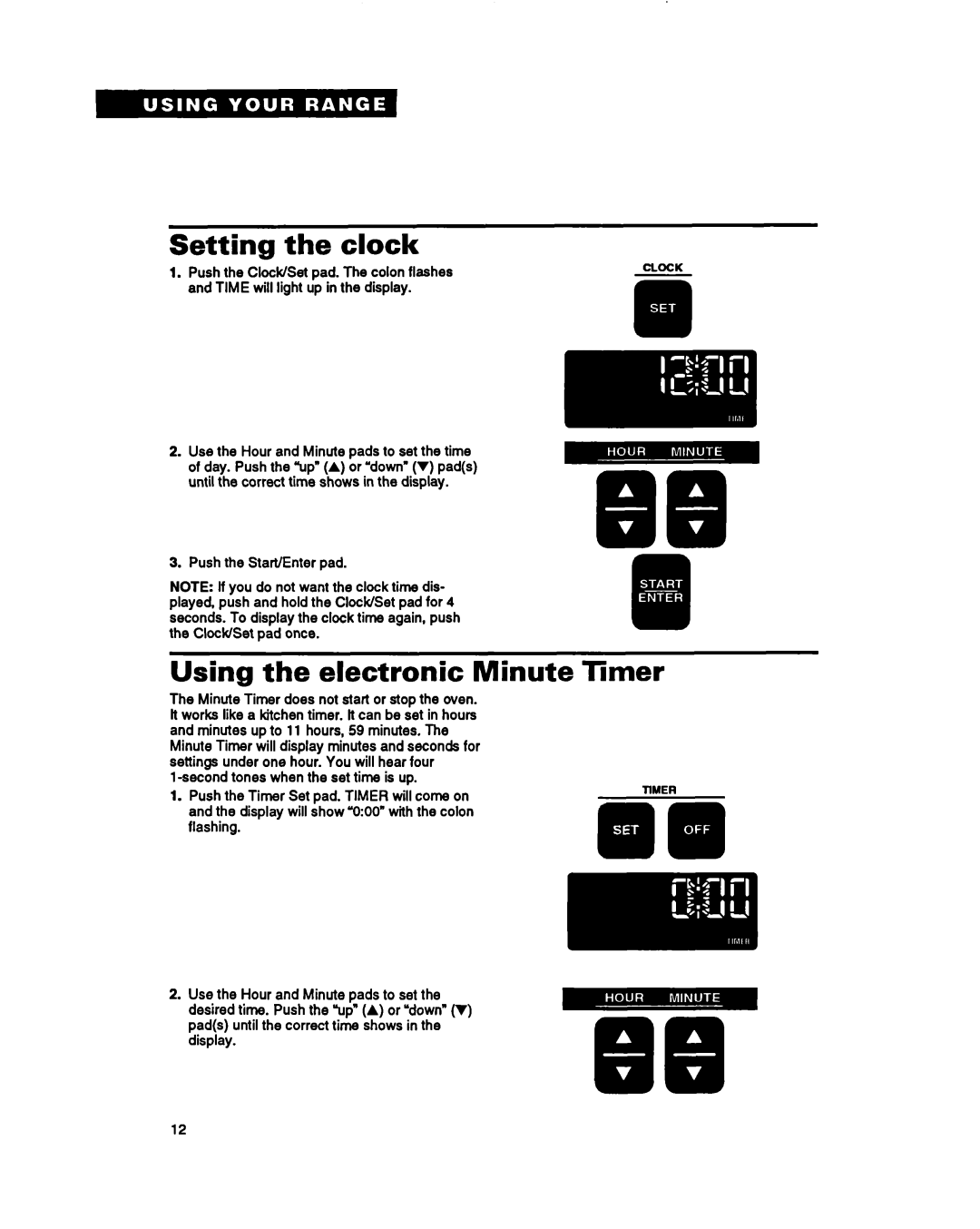 Whirlpool RF396PXY, RF396PCY manual Setting the clock, Using the electronic Minute Timer 