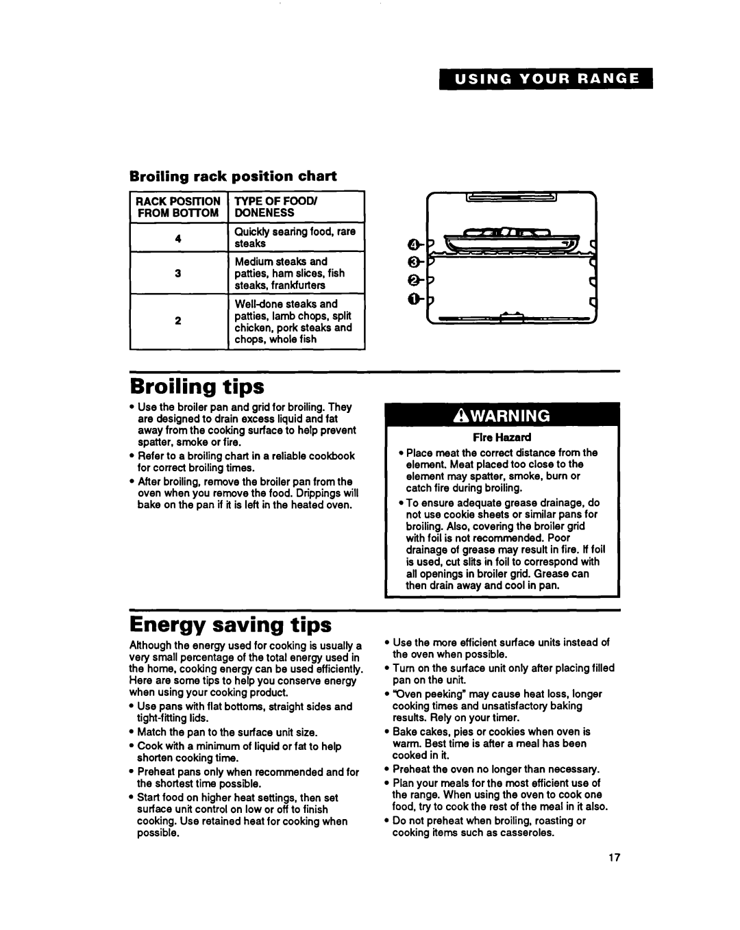 Whirlpool RF396PCY, RF396PXY manual Broiling tips, Energy saving tips, Broiling rack position chart 