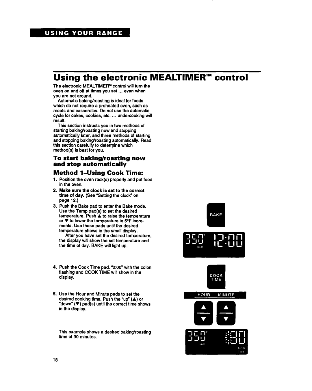 Whirlpool RF396PXY, RF396PCY manual Using the electronic MEALTIMER” control, Method l-UsingCook Time 