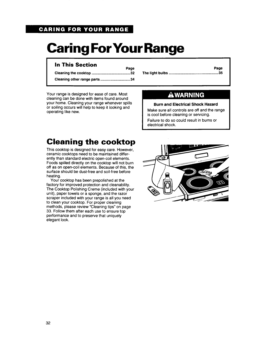 Whirlpool RF396PXY, RF396PCY manual Caring ForYour Range, Cleaning the cooktop, In This Section 