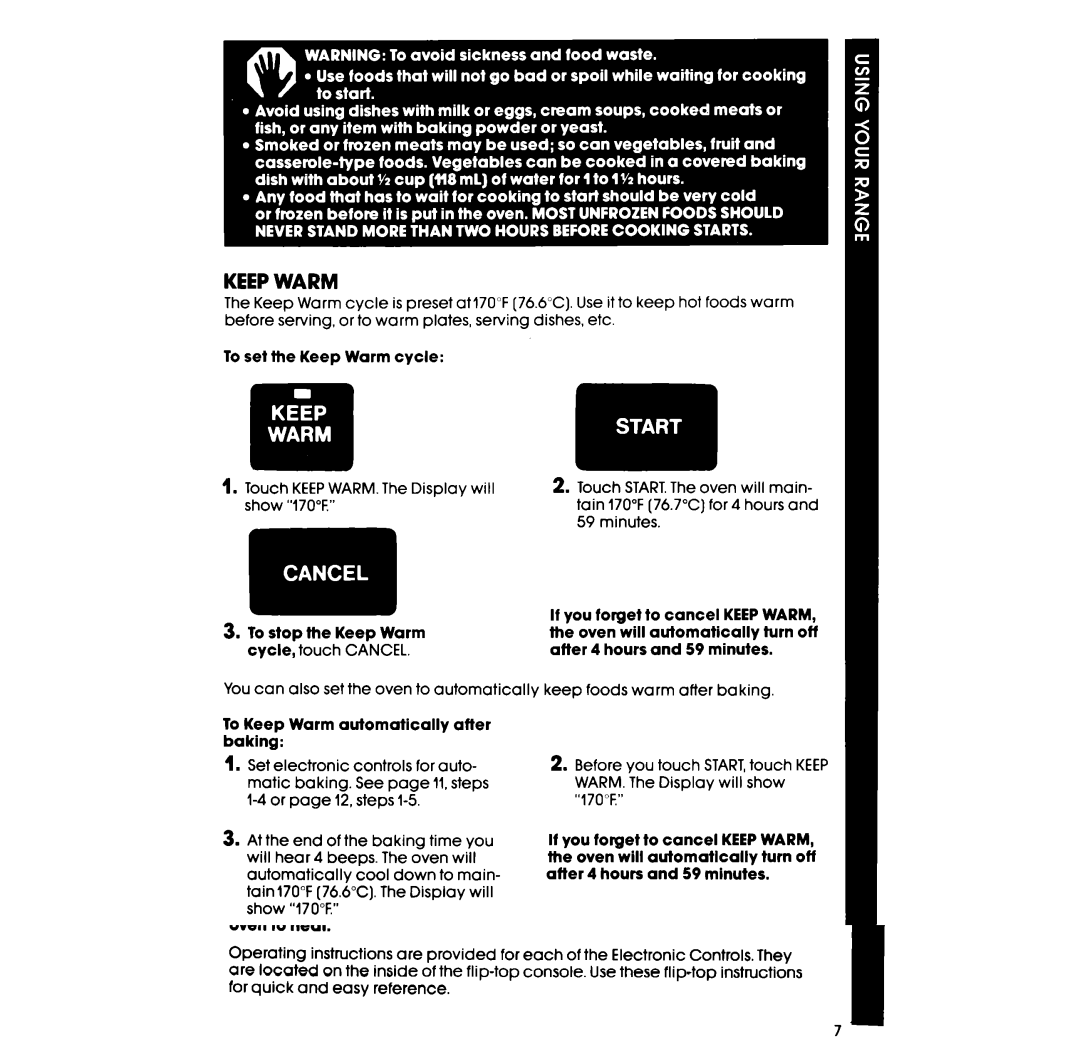 Whirlpool RF398PXP manual To set the Keep Warm cycle, To Keep Warm automatically after baking 