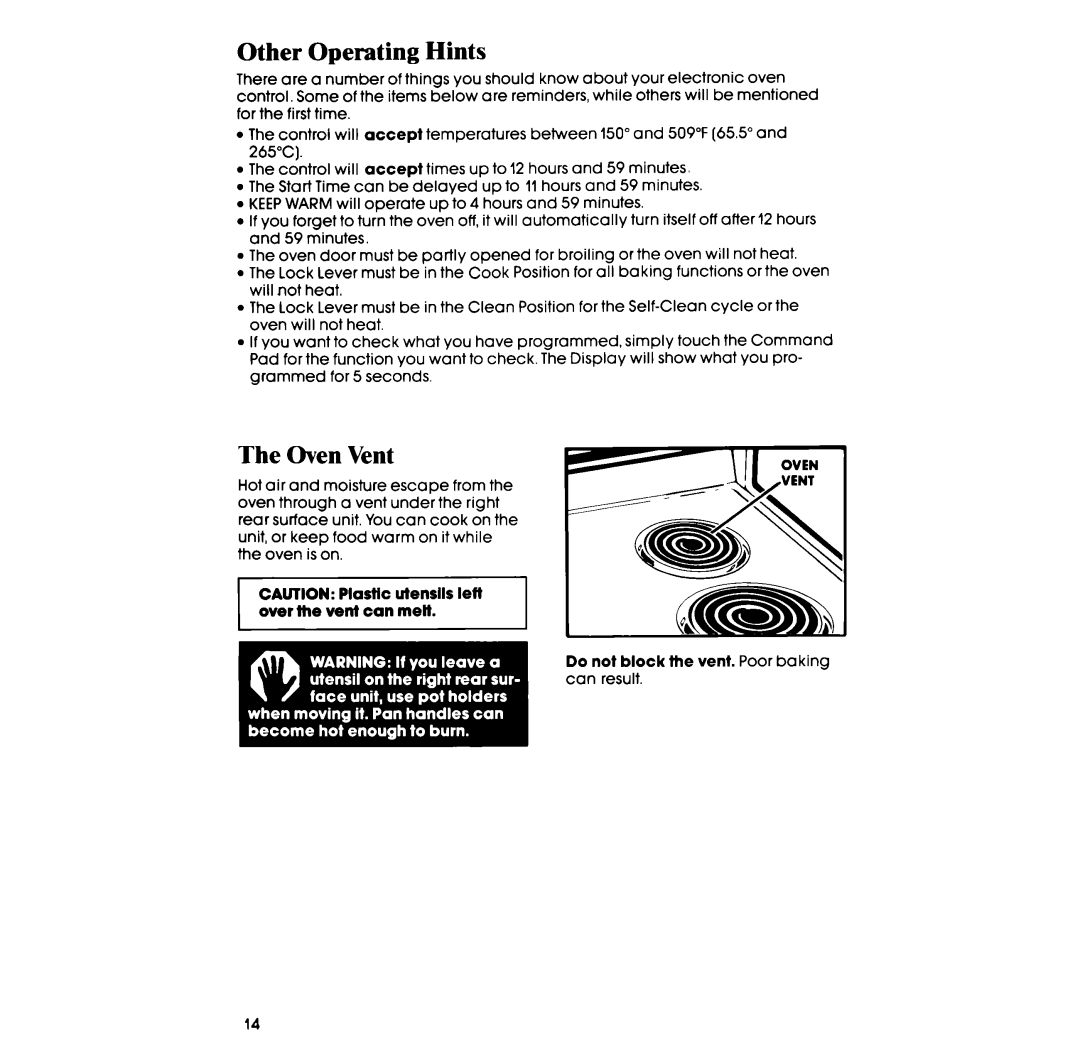 Whirlpool RF398PXP manual Other Operating Hints, Oven Vent 