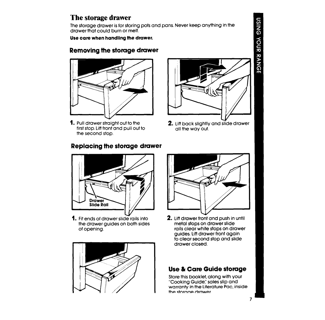 Whirlpool RF398PXP manual Storage drawer, Removing the stomge dmwer, Replacing the stomge drawer, Use & Care Guide storage 