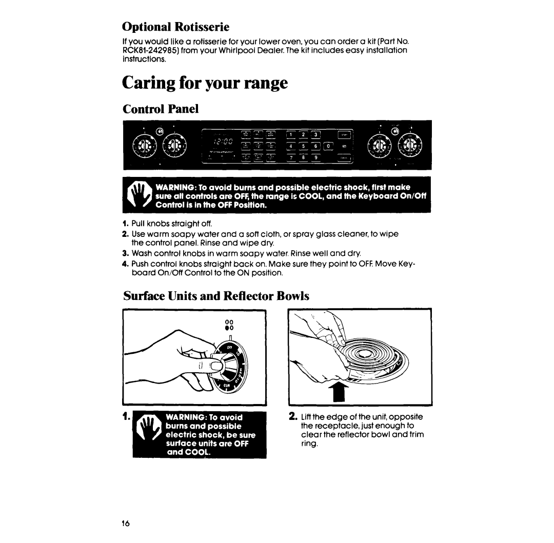 Whirlpool RF398PXP manual Optional Rotisserie, Control Panel, Surface Units and Reflector Bowls 