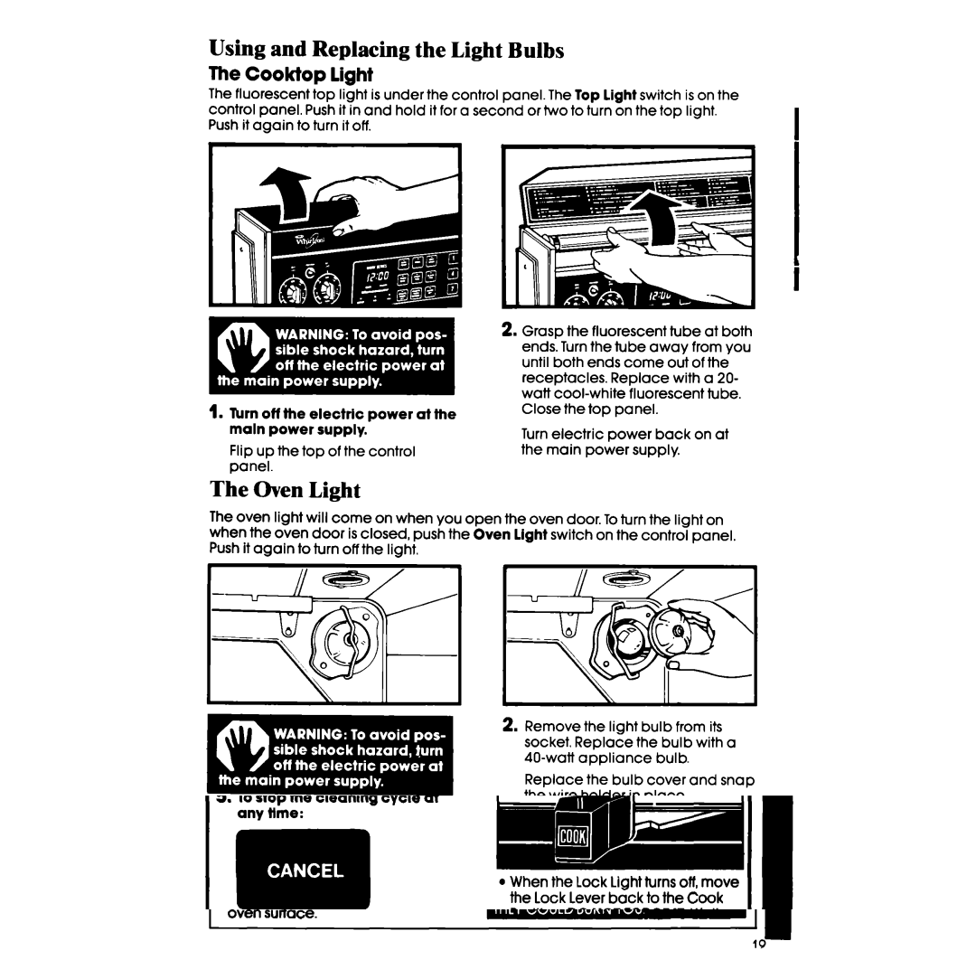 Whirlpool RF398PXP manual Using and Replacing the Light Bulbs, Oven Light, Cooktop light 