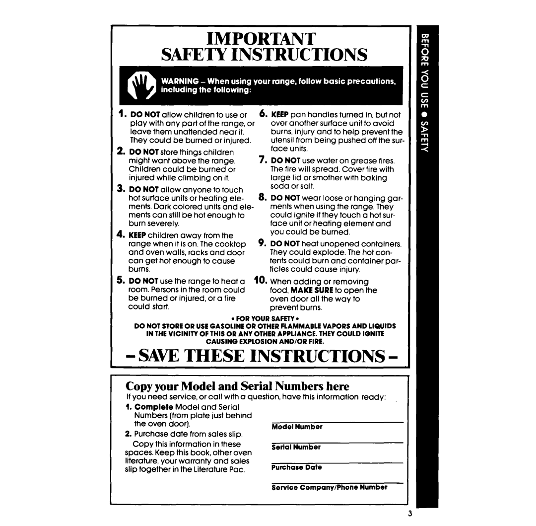 Whirlpool RF398PXP manual Safety Instructions, Copy your Model and Serial Numbers here 