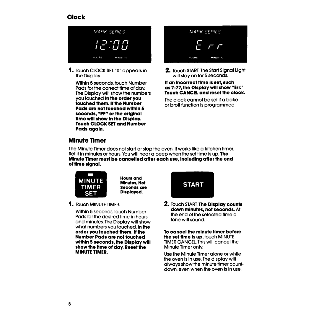 Whirlpool RF398PXP manual Clock, Minute Timer 