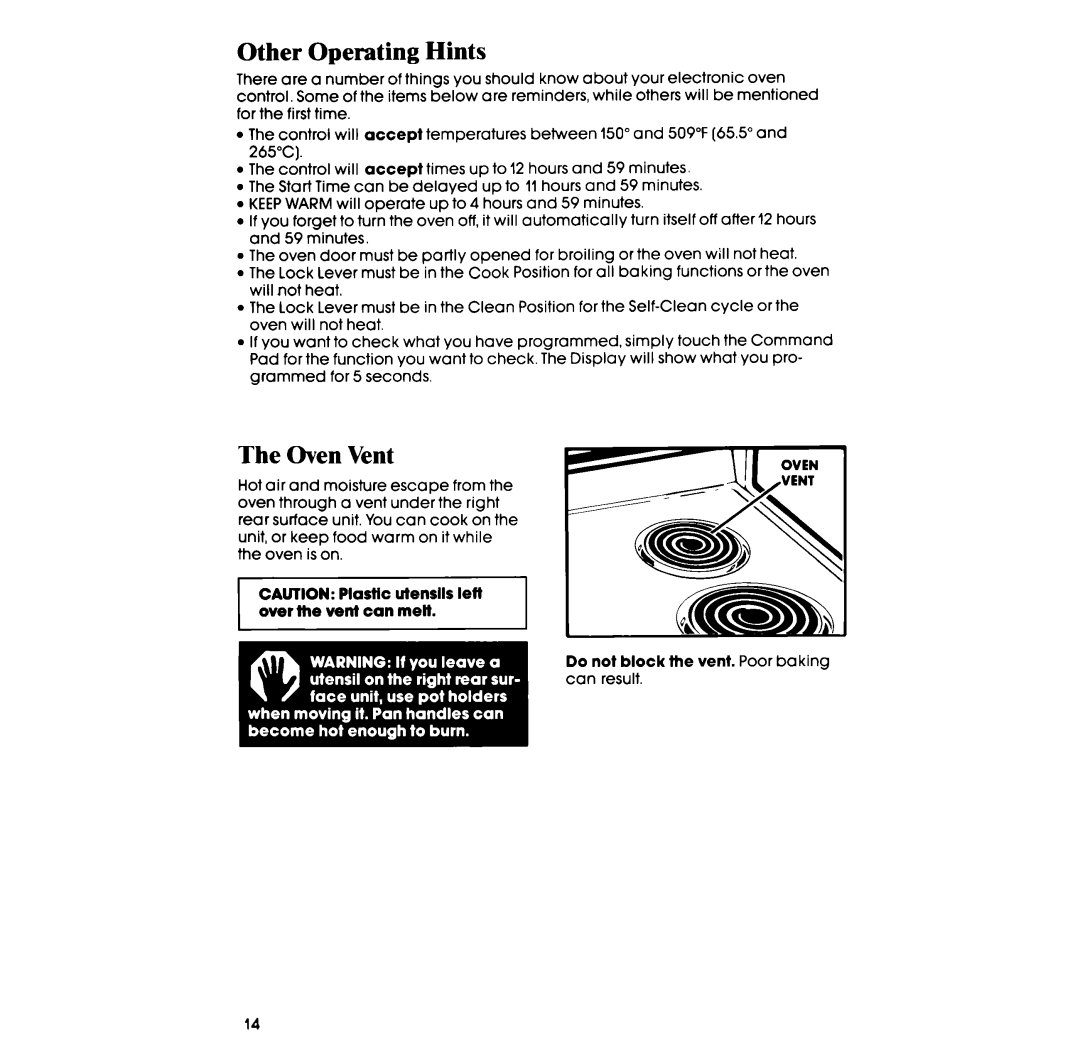Whirlpool RF398PXP manual Other Operating Hints, The Oven Vent 
