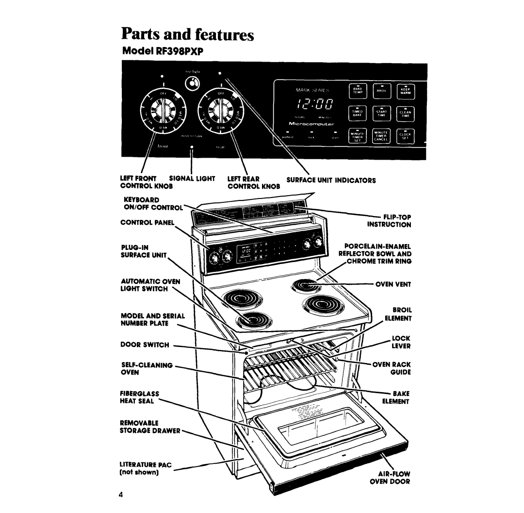 Whirlpool manual Parts and features, Model RF398PXP 