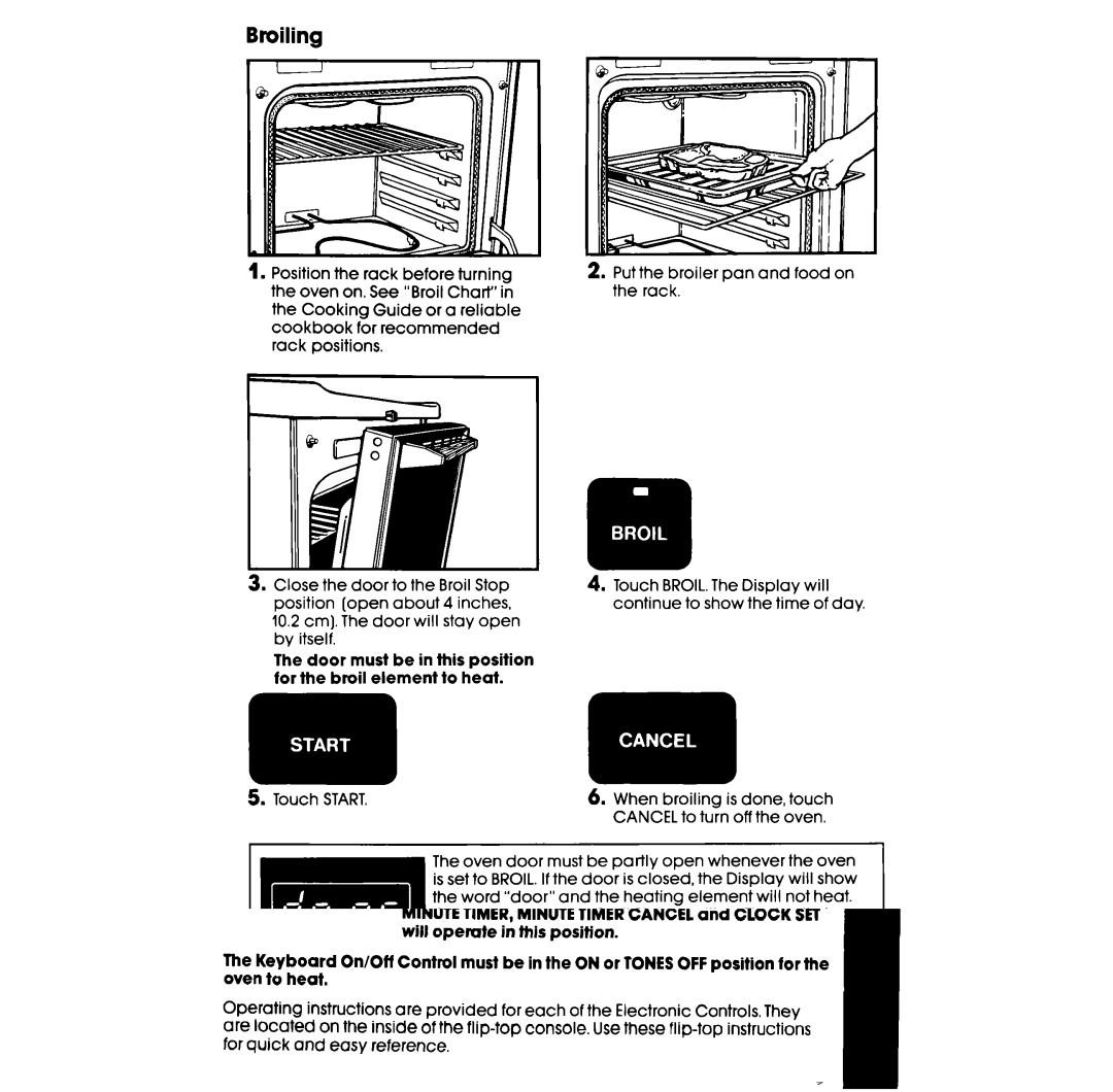 Whirlpool RF398PXV manual Bmiling, Door must be in this position for the broil element to heat 