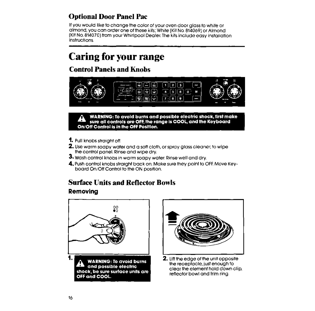 Whirlpool RF398PXV manual Optional Door Panel Pat, Control Panels and Knobs, Surface Units and Reflector Bowls, Removing 