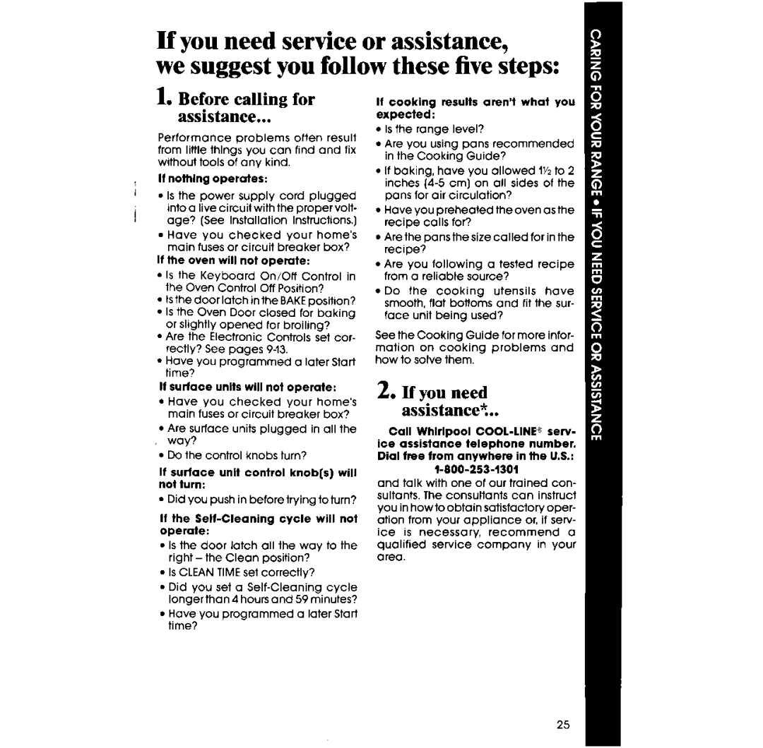 Whirlpool RF398PXV manual Before calling for Assistance 