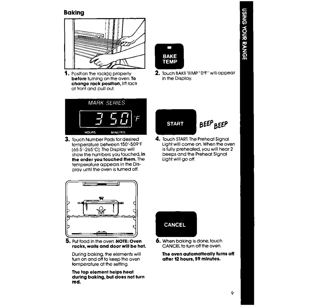 Whirlpool RF398PXV manual Baking, Top element helps heat during baking, but does not turn red 