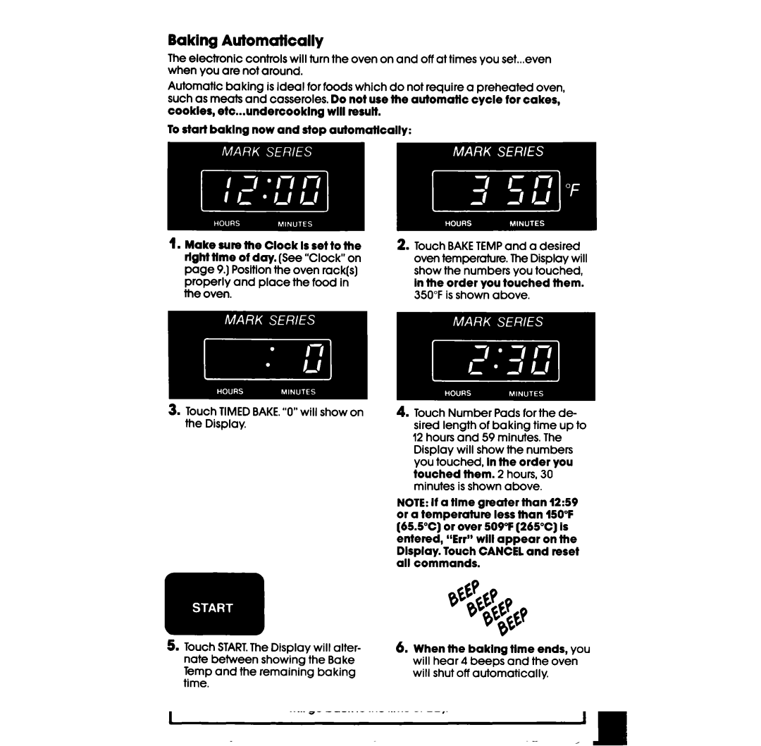 Whirlpool RF398PXW manual Baking Automalically, Touch Timed BAKE.0will show on the Display 