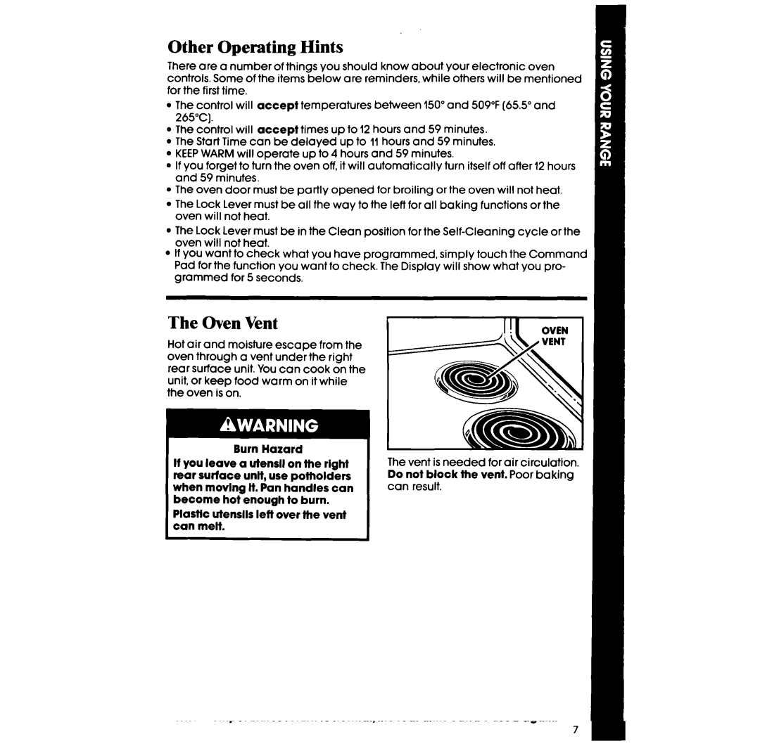 Whirlpool RF398PXW manual Other Operating Hints, Oven Vent 