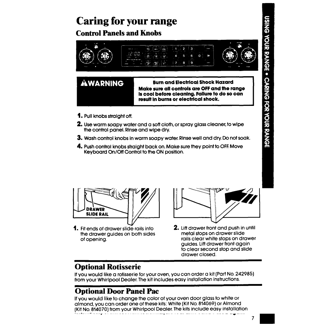 Whirlpool RF398PXW manual Caring for your range, Control Panels and Knobs 