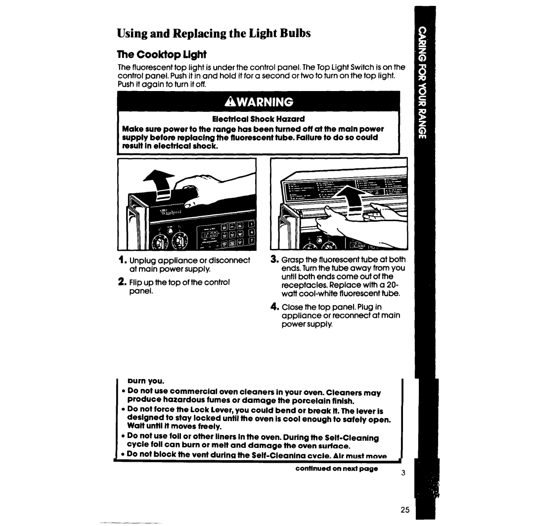 Whirlpool RF398PXW manual Using and Replacing the Light Bulbs, Cooktop light 