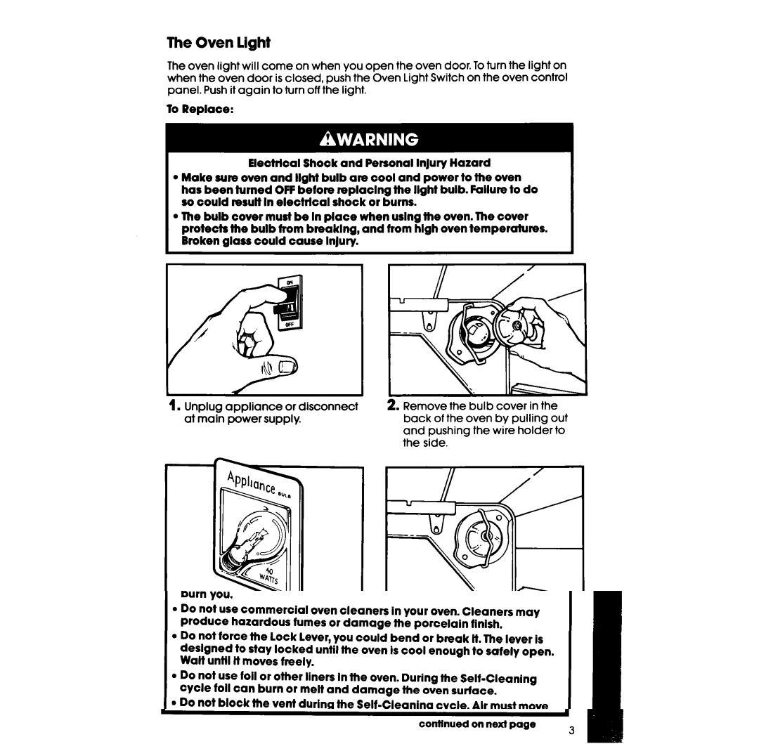 Whirlpool RF398PXW manual Oven light 