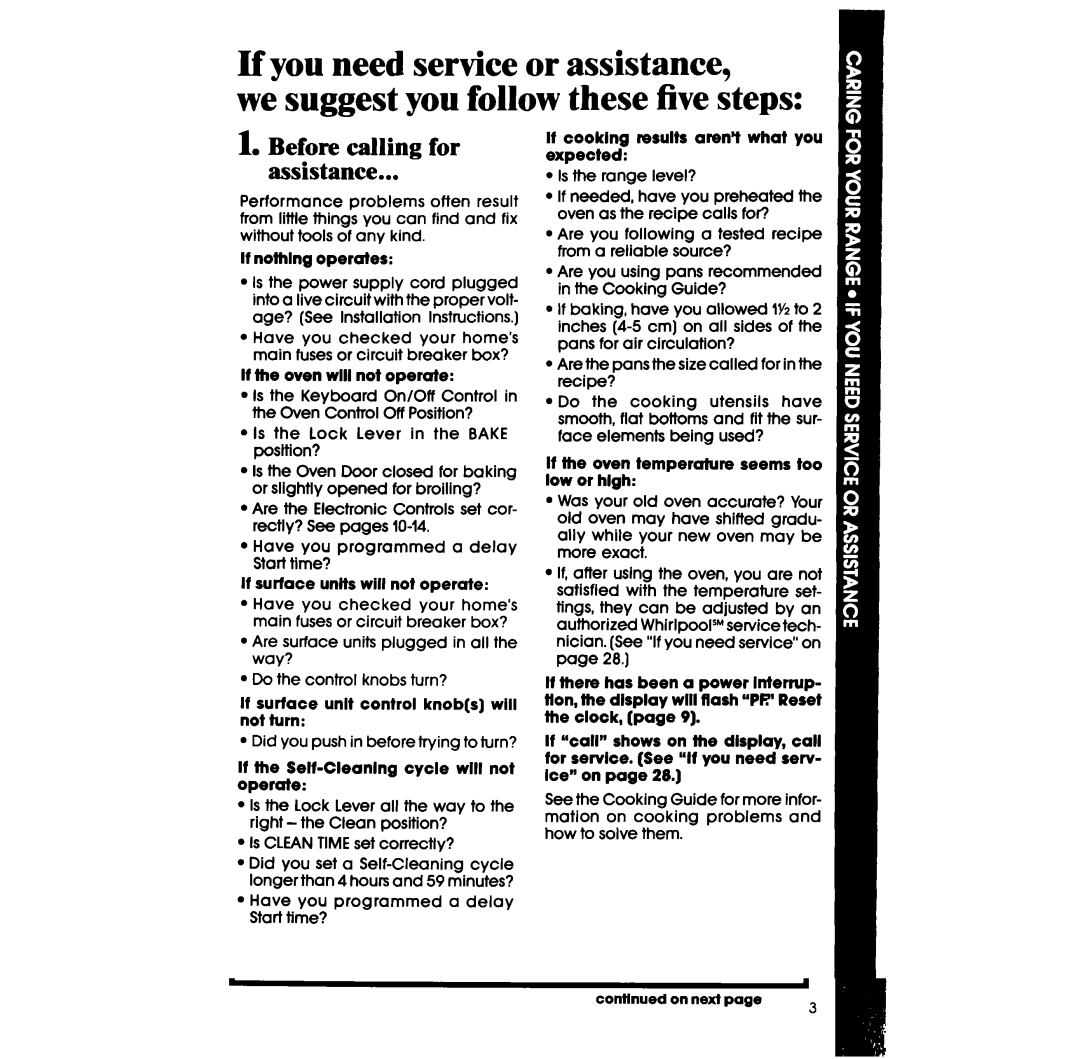 Whirlpool RF398PXW manual Before caIling for Assistance 