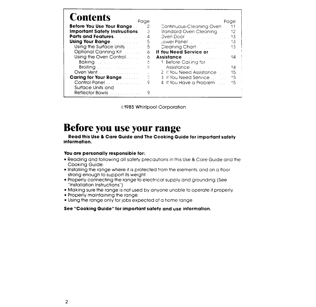 Whirlpool RF3OlOXP, RF32lOXP manual Contents 