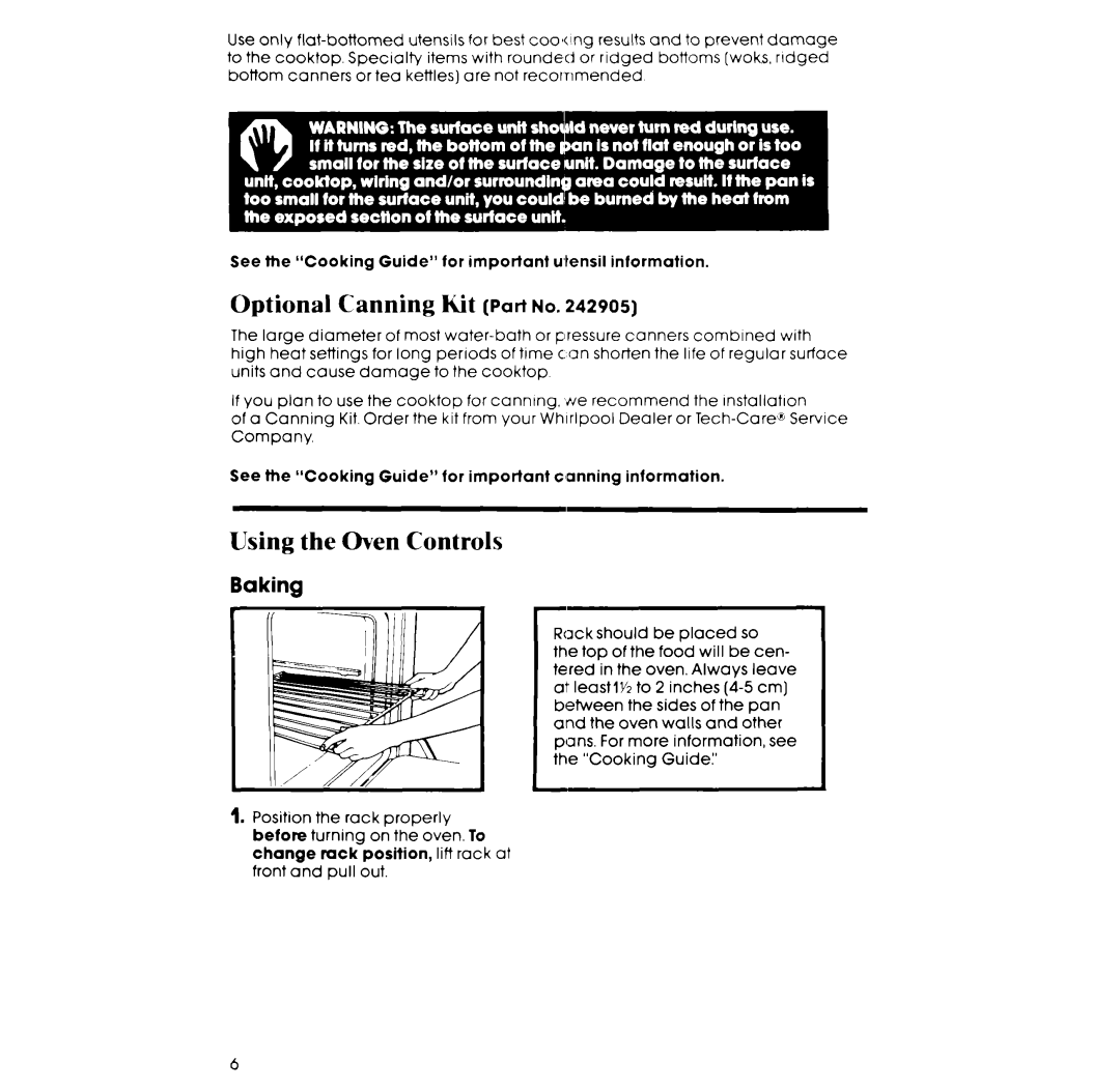 Whirlpool RF3OlOXP, RF32lOXP manual Optional Canning Kit Part no, Using the Oven Controls, Baking 