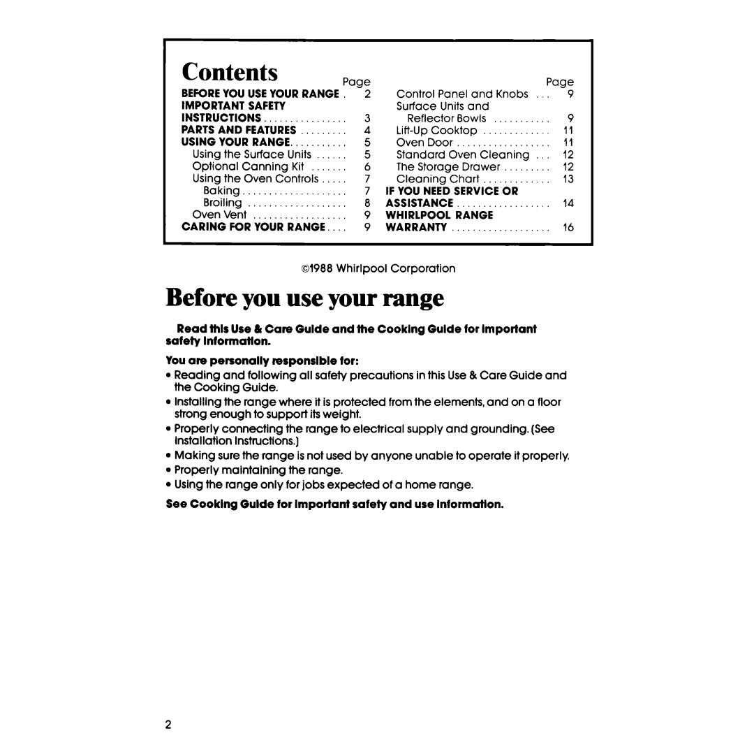 Whirlpool RF3OlOXV manual Contents 