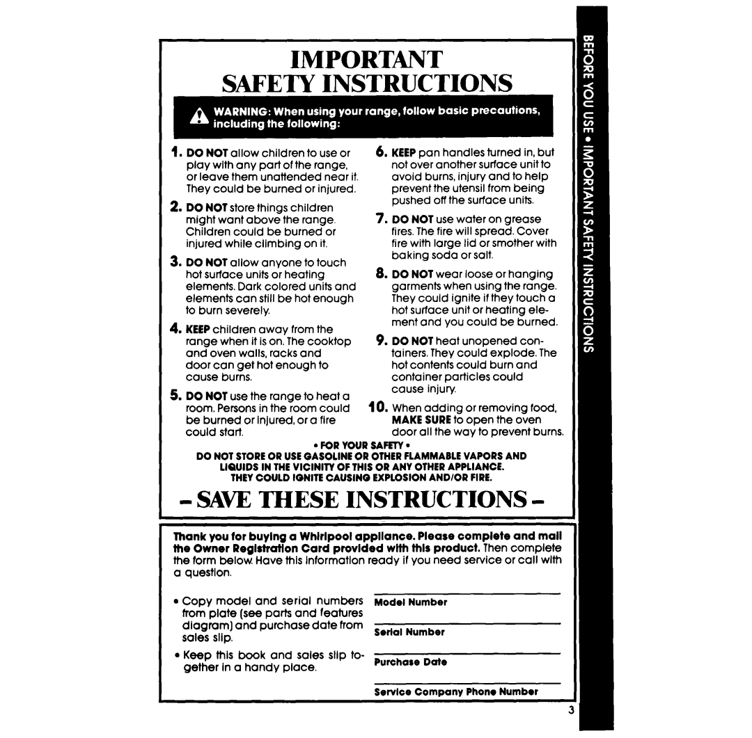 Whirlpool RF3OlOXV manual SAW These Instructions 