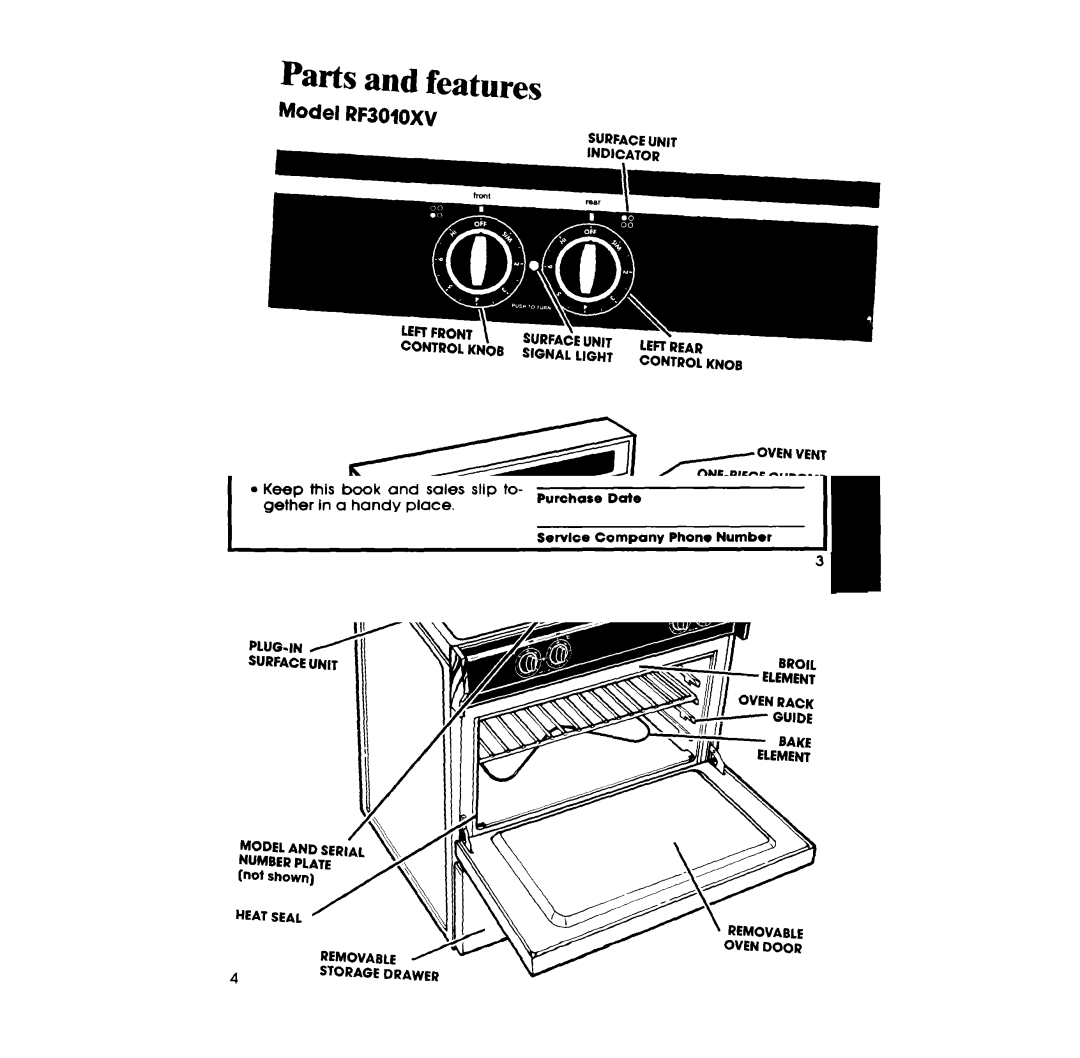 Whirlpool RF3OlOXV manual Parts and features, Model RF30lOXV 