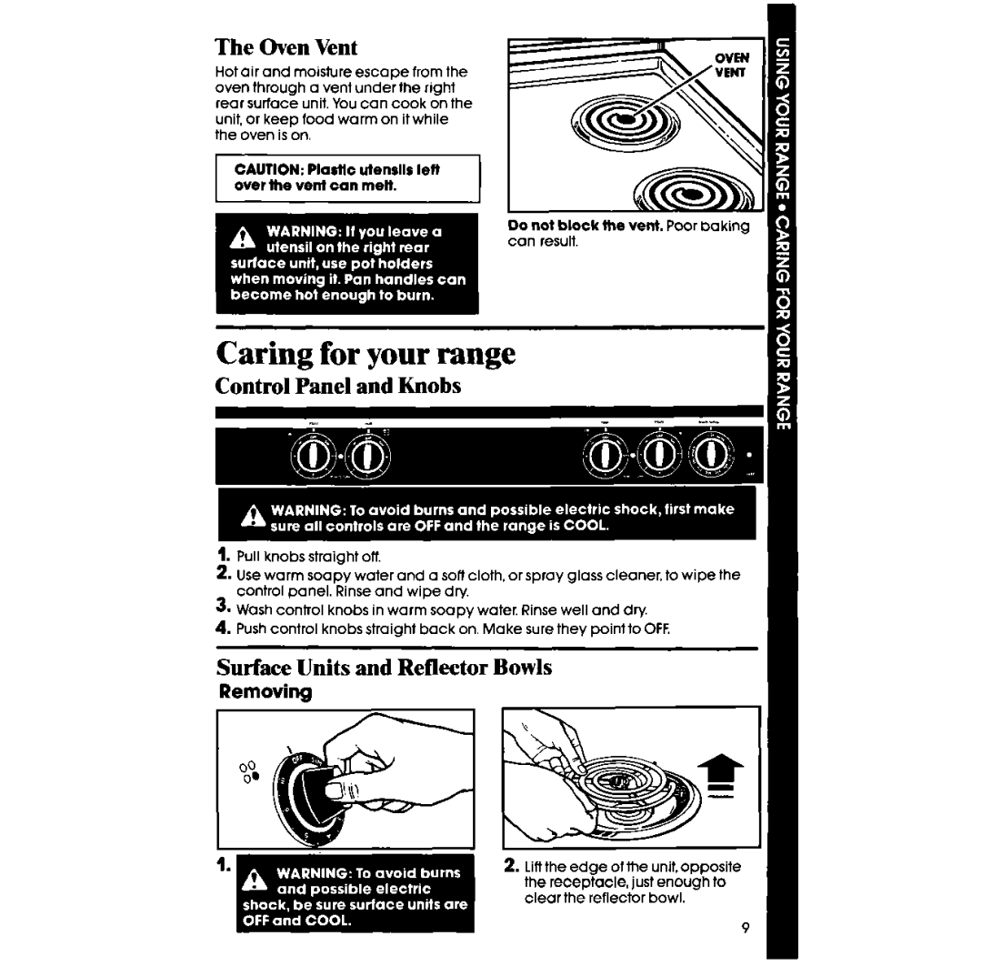 Whirlpool RF3OlOXV manual Oven Vent, Control Panel and Knobs, Surface Units and Reflector Bowls, Removing 