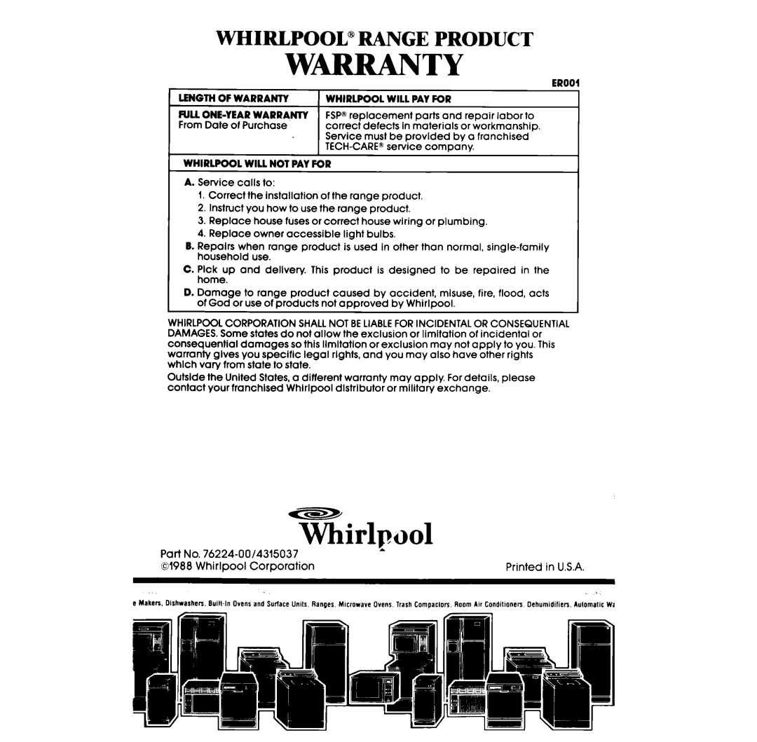 Whirlpool RF3OlOXV manual W-Ty, Whirlwol, Whirlpool@ Range Product 