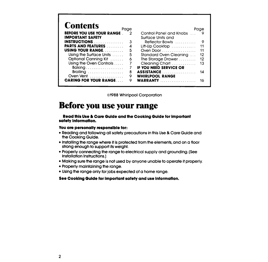 Whirlpool RF3OlOXV manual Contents, Before you use your range 