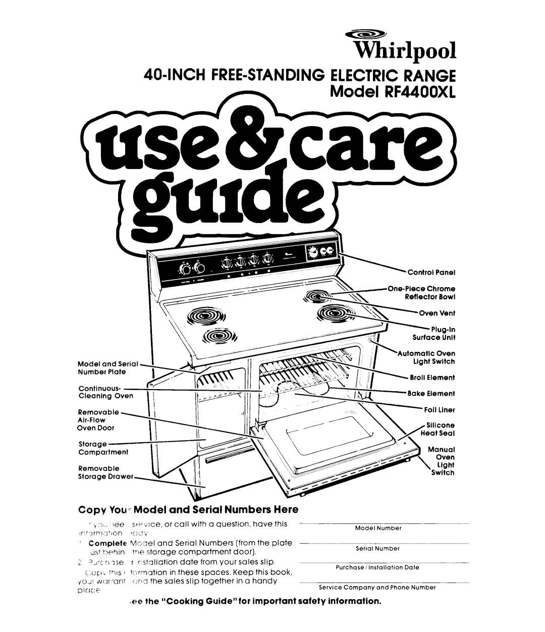 Whirlpool manual Inch FREE-STANDINGELECTRICRANGE Model RF4400XL 